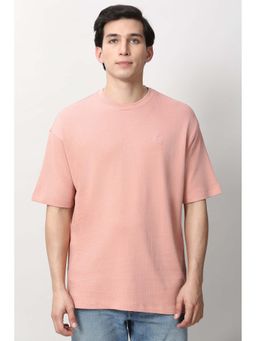 Peter England - Men Peach Textured Round Neck T-Shirt