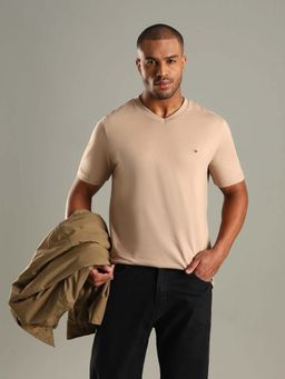 Tommy Hilfiger - Beige Solid Regular Fit Cotton T-Shirt