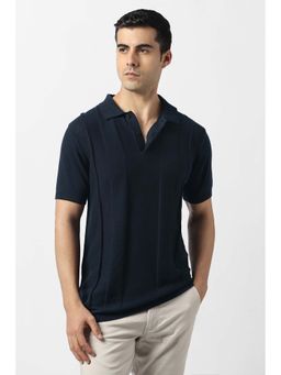 Van Heusen - Men Navy Blue Solid Polo Neck T-Shirt