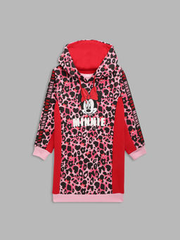 Blue Giraffe - Girls Red Animal Printed Hooded Full Sleeves Sweat Knee Length Dress