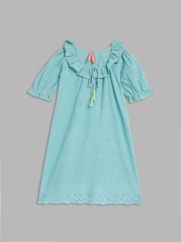 Blue Giraffe - Girls Blue Embroidered Round Neck Half Sleeves A-Line Knee Length Dress