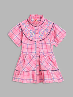 Blue Giraffe - Girls Pink Checked High Neck Short Sleeves A-Line Knee Length Dress