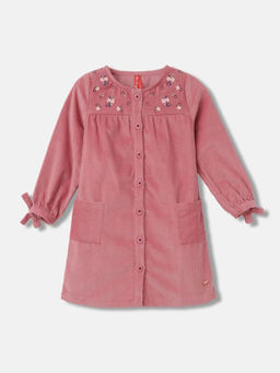 Blue Giraffe - Girls Pink Embroidered Round Neck Full Sleeves Shift Knee Length Dress