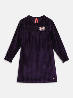 Blue Giraffe - Girls Purple Striped Round Neck Full Sleeves Shift Knee Length Dress