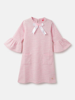 Blue Giraffe - Girls Pink Textured Round Neck 3/4Th Sleeves A-Line Knee Length Dress