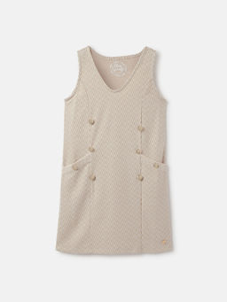 Blue Giraffe - Girls Beige Printed V-Neck Sleeveless Shift Knee Length Dress