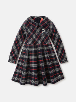 Blue Giraffe - Girls Navy Blue Checked Peter Pan Collar Full Sleeves Knee Length Dress