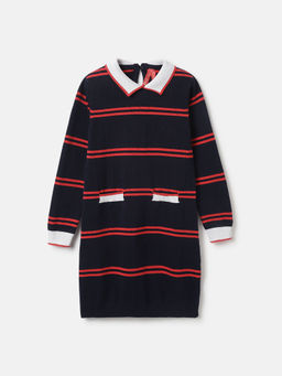 Blue Giraffe - Girls Navy Blue Striped Collar Neck Full Sleeves Knee Length Dress