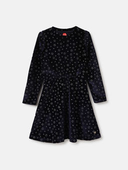 Blue Giraffe - Girls Navy Blue Printed Round Neck A-Line Knee Length Dress
