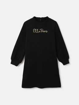 ELLE - Girls Black Solid Round Neck Full Sleeves A-Line Knee Length Dress