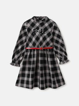 ELLE - Girls Black Checked Round Neck Full Sleeves A-Line Knee Length Dress (Set of 2)