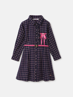 ELLE - Girls Blue Checked Spread Collar Full Sleeves Shirt Knee Length Dress (Set of 2)