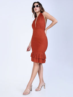 SHOWOFF - Women Brown Solid Backless Bodycon Knee Length Dress