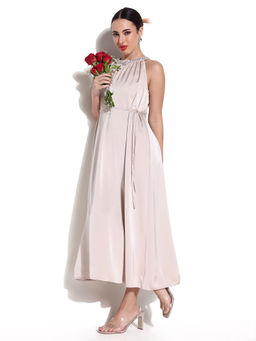 SHOWOFF - Women Solid Cream Sheath Midi Dress with Belt (Set of 2)