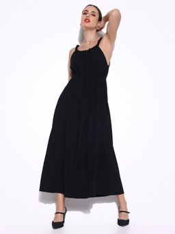 SHOWOFF - Women Solid Black Fit and Flare Midi Dress with Belt (Set of 2)