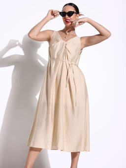 SHOWOFF - Women Solid Beige A-Line Midi Dress with Belt (Set of 2)