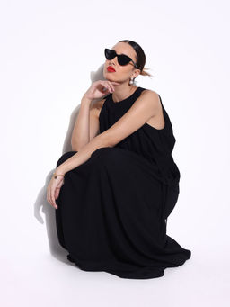 SHOWOFF - Women Solid Black Fit and Flare Maxi Dress with Belt (Set of 2)