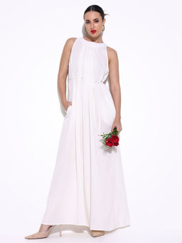 SHOWOFF - Women Solid White Fit and Flare Maxi Dress with Belt (Set of 2)