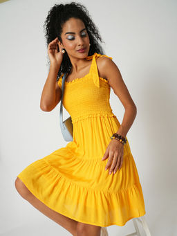 Globus - Women Yellow Square Neck Sleeveless Flare Tiered Mini Dress