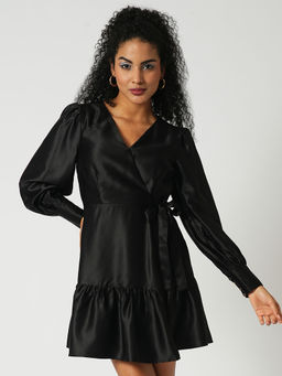 Globus - Women Black V-Neck Puff Sleeves Tiered Satin Mini Party Dress