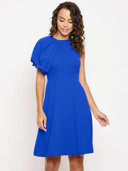 Uptownie - Womens Stretchable Round Neck Solid Fit & Flare Skater Dress Blue