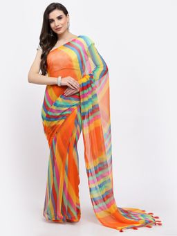 KISHORI - Women Lehariya Chiffon Saree & Blouse Multicolor with Unstitched