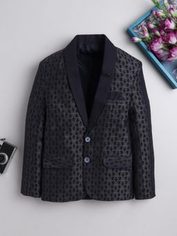 BT DEZINES - Boys Navy Blue Cotton Blend Floral Brocade Design Blazer