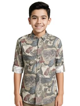CHARCHIT - Boys Green Cotton Regular Fit Spread Collar Full Sleeves Printed Shirt