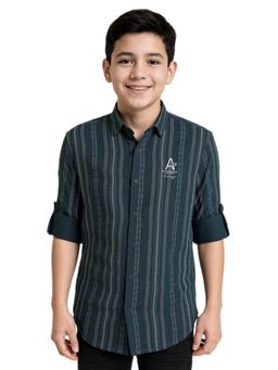CHARCHIT - Boys Green Cotton Regular Fit Spread Collar Full Sleeves Striped Shirt