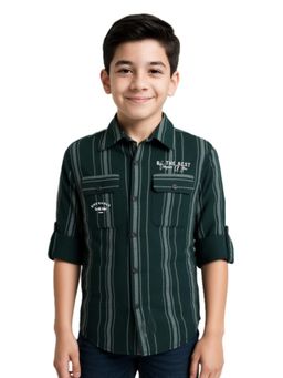 CAVIO - Boys Green Cotton Regular Fit Full Sleeves Striped Shirt