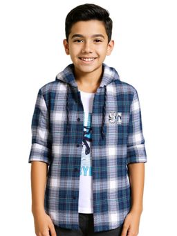 CHARCHIT - Boys Green Cotton Checkered Hooded Full Sleeves Shirt with T-Shirt