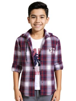 CHARCHIT - Boys Maroon Cotton Checkered Hooded Full Sleeves Shirt with T-Shirt