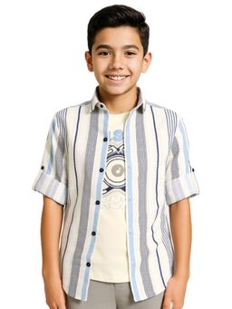 CAVIO - Boys Blue Cotton Regular Fit Full Sleeve Striped Shirt & T-shirt