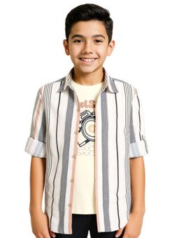 CAVIO - Boys Peach Cotton Regular Fit Full Sleeve Striped Shirt & T-shirt