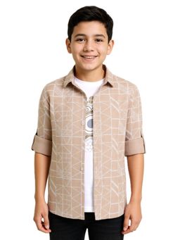 CAVIO - Boys Beige Cotton Full Sleeves Abstract Printed Shirt & T-Shirt