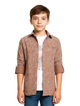 CAVIO - Boys Beige Cotton Full Sleeves Abstract Printed Shirt & T-Shirt