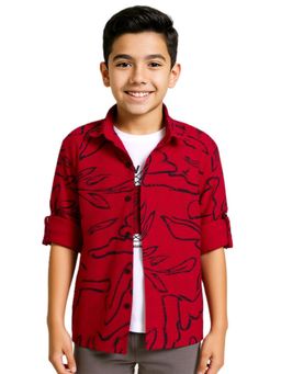 CAVIO - Boys Red Cotton Full Sleeves Abstract Printed Shirt & T-Shirt
