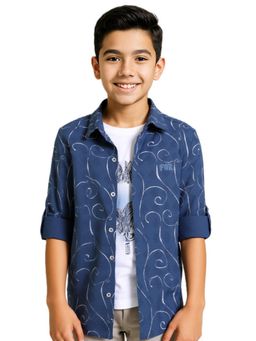 CAVIO - Boys Blue Cotton Full Sleeves Abstract Printed Shirt & T-Shirt