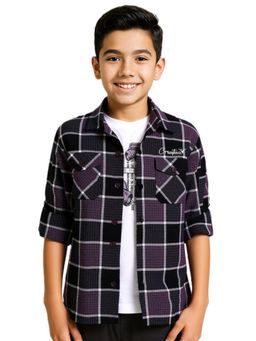 CAVIO - Boys Purple Cotton Regular Fit Full Sleeves Checks Shirt & T-Shirt