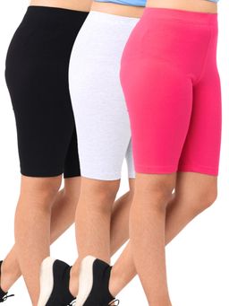 Nuego - Girls Multi-Color Solid Slim Fit Cotton Blend Cycling Sports Shorts (Pack of 3)