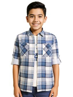 CAVIO - Boys Blue Cotton Regular Fit Full Sleeves Checks Shirt & T-Shirt