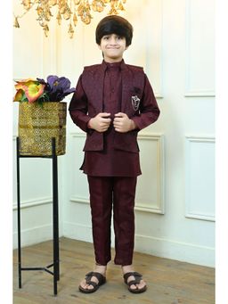 BT DEZINES - Boys Wine Cotton Silk Sequined Kurta & Pyjama with Waistcoat
