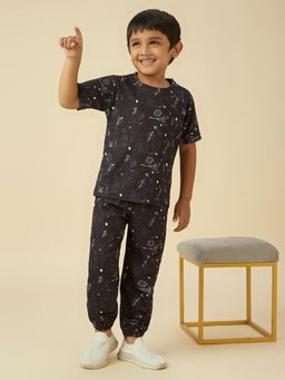 Kids Island - Lycra Woven Full Sleeves Placement Printed Co-Ord Set - Black