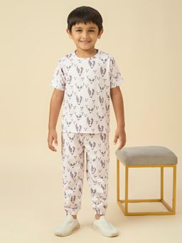 Kids Island - Lycra Woven Full Sleeves Placement Printed Co-Ord Set - Beige