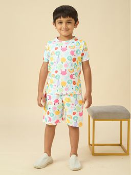 Kids Island - Lycra Woven Full Sleeves Placement Printed Co-Ord Set - White