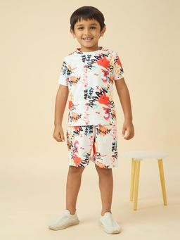 Kids Island - Lycra Woven Full Sleeves Placement Printed Co-Ord Set - White