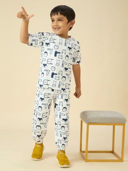 Kids Island - Lycra Woven Full Sleeves Placement Printed Co-Ord Set - White