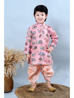 BT DEZINES - Boys Pink Cotton Silk Crochet Animal Printed Kurta & Dhoti