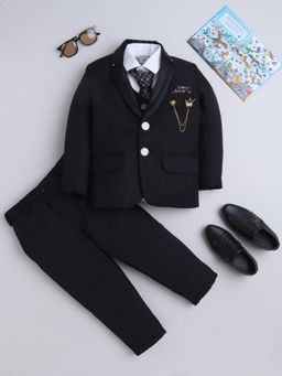 BT DEZINES - Boys Black Cotton Blend Solid 5 Piece Coat Suit Set