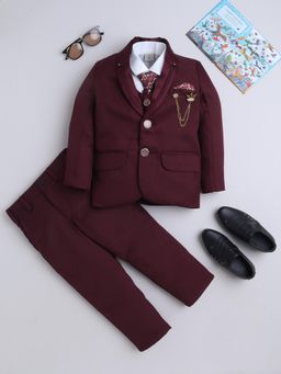 BT DEZINES - Boys Maroon Cotton Blend Solid 5 Piece Coat Suit Set